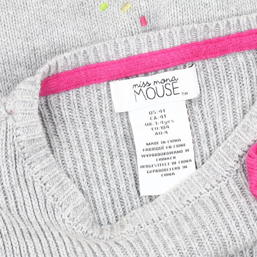 Miss Mona Mouse Girls Grey Animal Print Long Sleeve Dress 3-4 Years