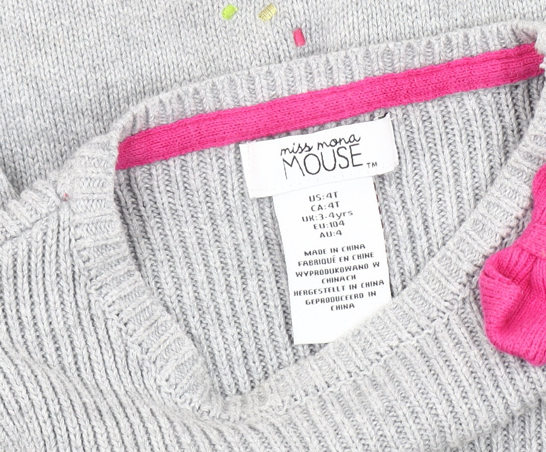 Miss Mona Mouse Girls Grey Animal Print Long Sleeve Dress 3-4 Years