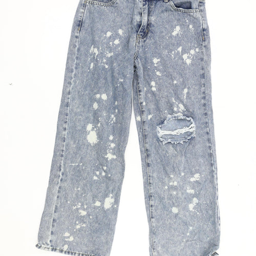 PrettyLittleThing Women's Blue Wide-Leg Distressed Jeans
