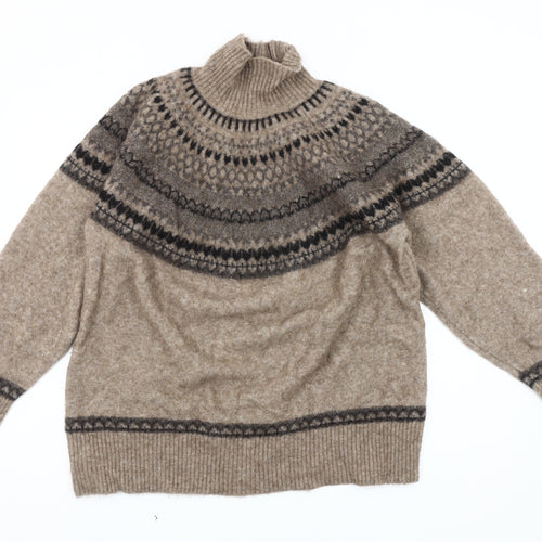 Zara Women's Beige Fair Isle Roll Neck Jumper Size 12