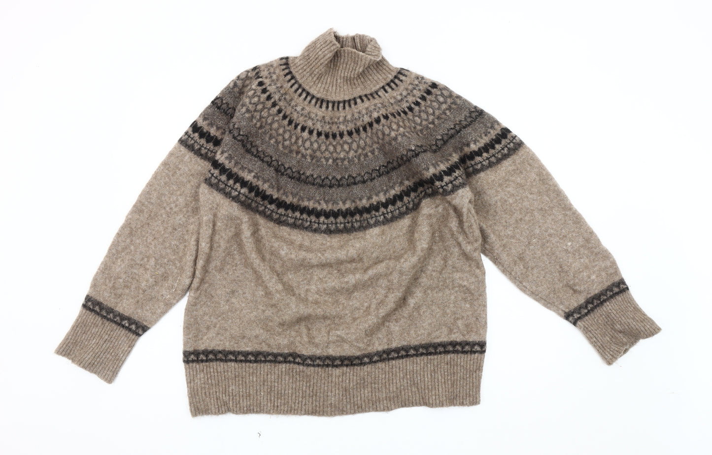 Zara Women's Beige Fair Isle Roll Neck Jumper Size 12
