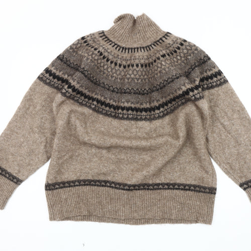 Zara Women's Beige Fair Isle Roll Neck Jumper Size 12