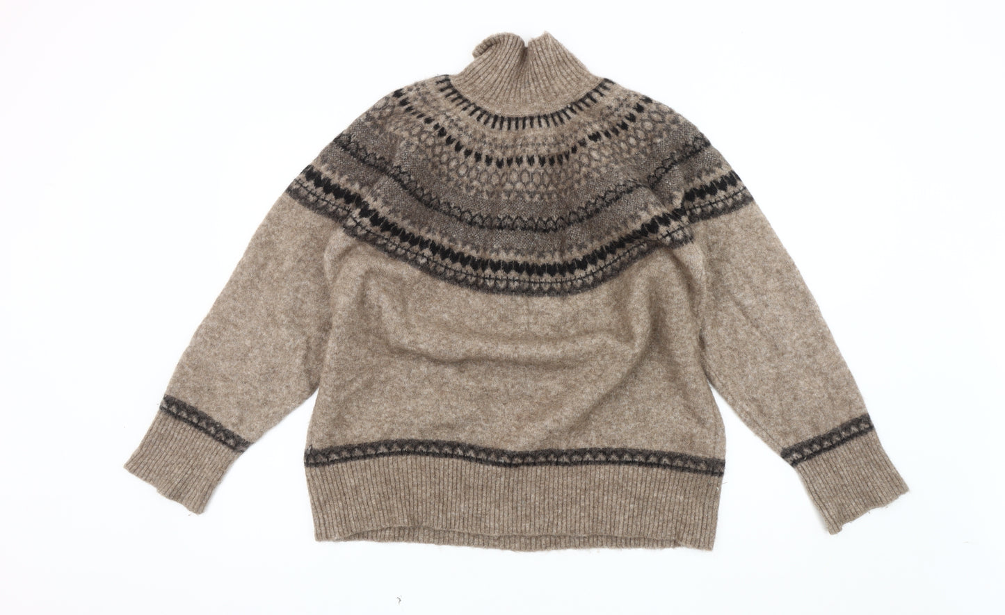 Zara Women's Beige Fair Isle Roll Neck Jumper Size 12