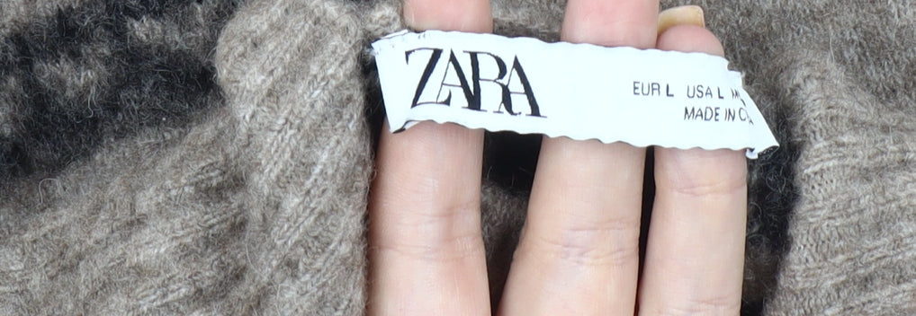 Zara Women's Beige Fair Isle Roll Neck Jumper Size 12