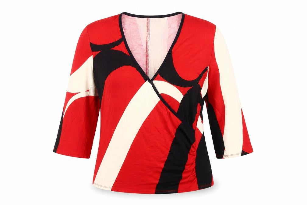Front view of Just Elegance Women's Geometric V-Neck Top, size 12, Red/Black