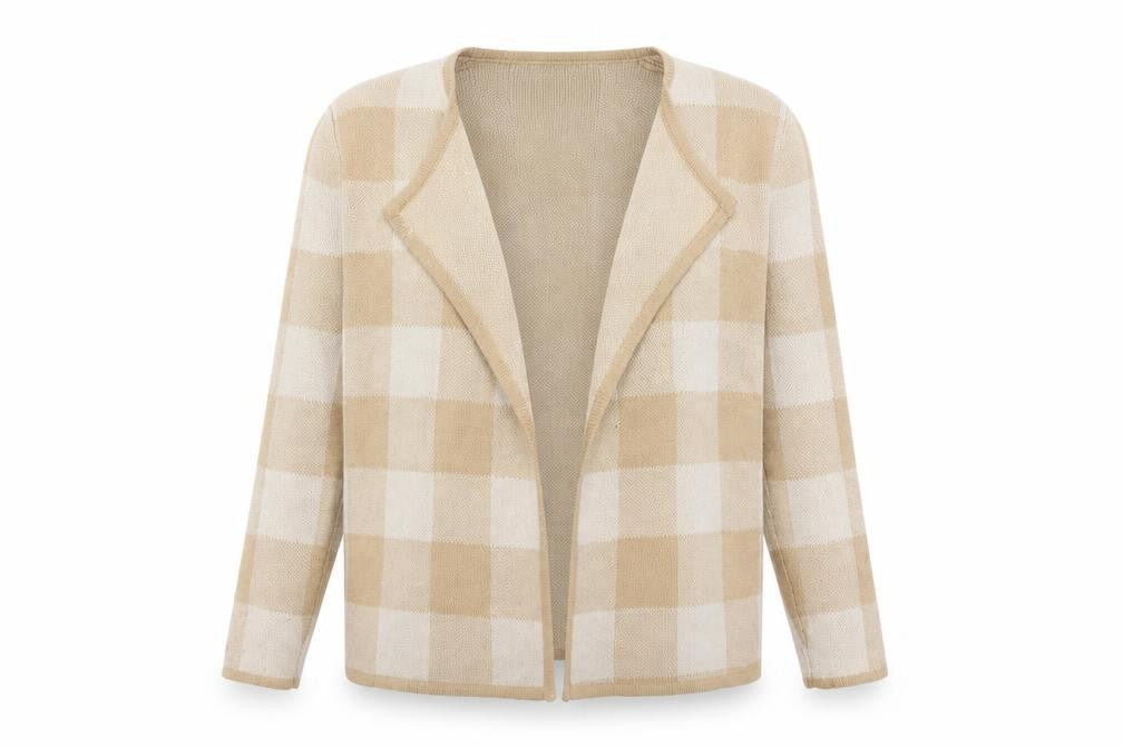 Front view of Rowlands of Bath Women's Beige Check Open Front Cardigan M