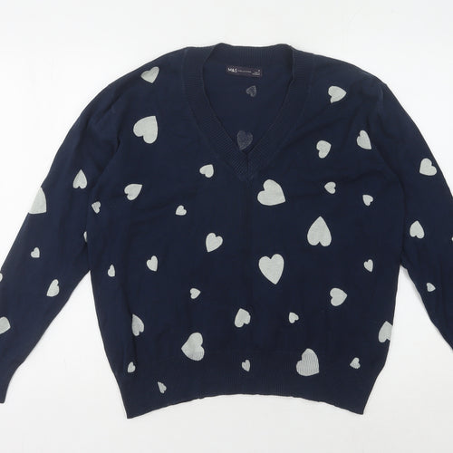 Marks and Spencer Women's M Blue V-Neck Heart Jumper