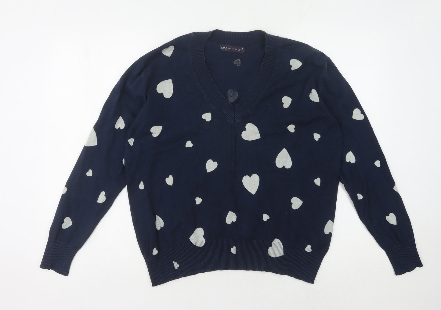 Marks and Spencer Women's M Blue V-Neck Heart Jumper