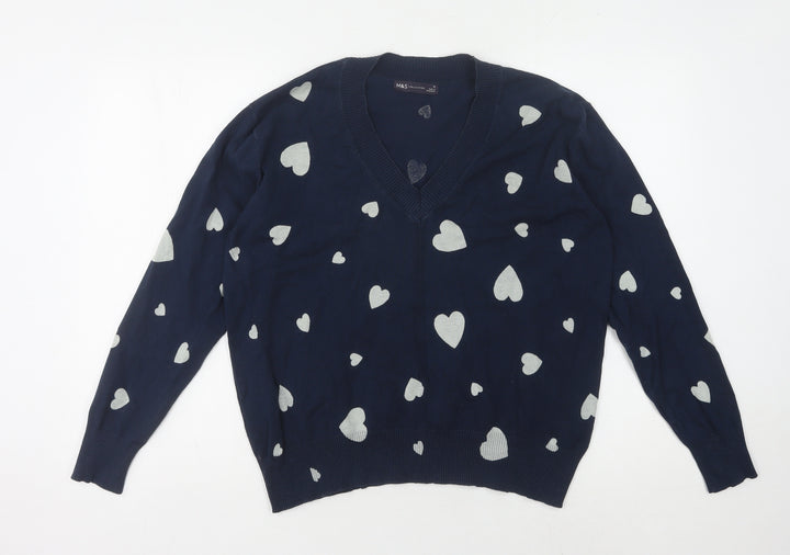 Marks and Spencer Women's M Blue V-Neck Heart Jumper