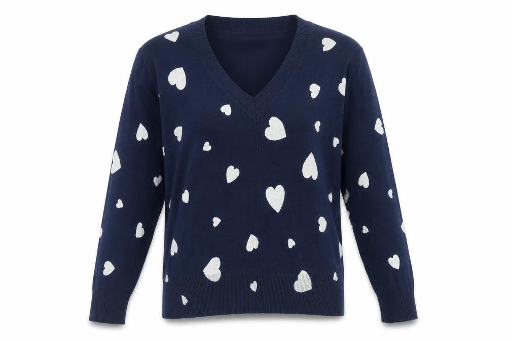 Front view of Marks & Spencer Women's M Blue V-Neck Heart Jumper