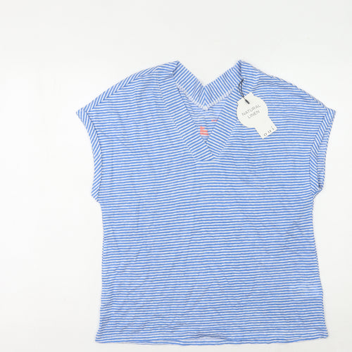 Oui Women's Blue Striped Linen V-Neck T-Shirt Size 10