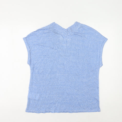 Oui Women's Blue Striped Linen V-Neck T-Shirt Size 10