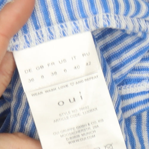 Oui Women's Blue Striped Linen V-Neck T-Shirt Size 10