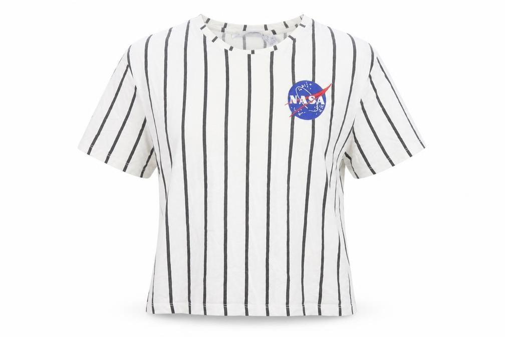 Front view of NASA unisex space t-shirt white s striped cotton