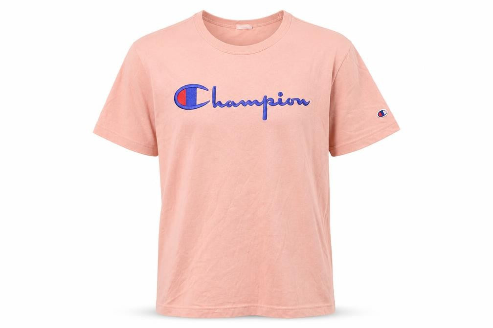 Front view of Champion Men's Pink T-Shirt Medium with Logo