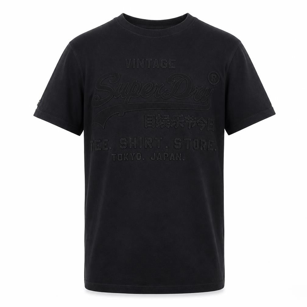 Front view of Superdry Men's Black T-Shirt, size S, Classic Logo Style