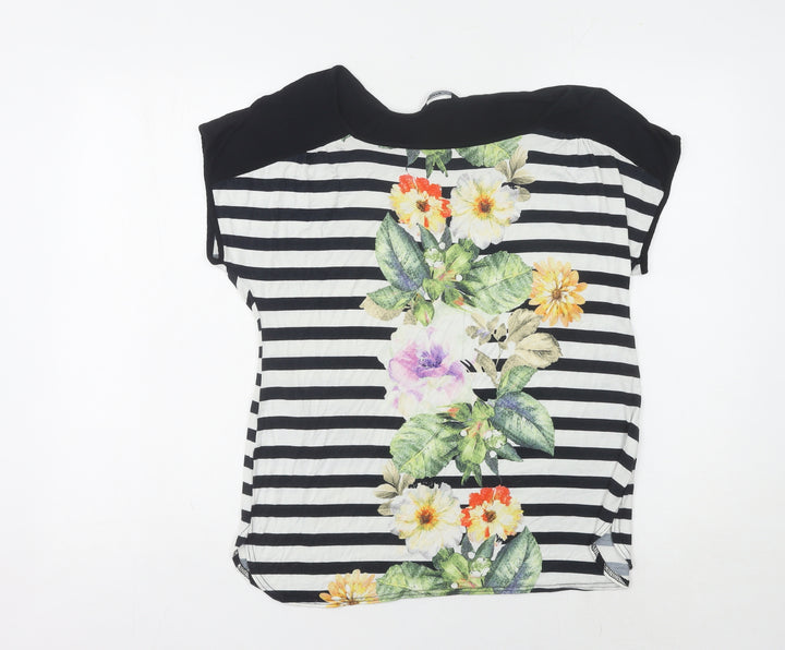 Roman Women's Black Floral Striped T-Shirt Size 14