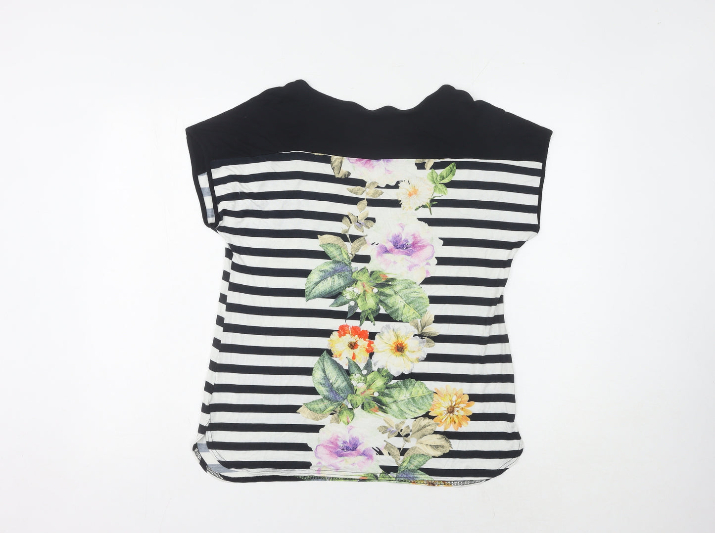 Roman Women's Black Floral Striped T-Shirt Size 14