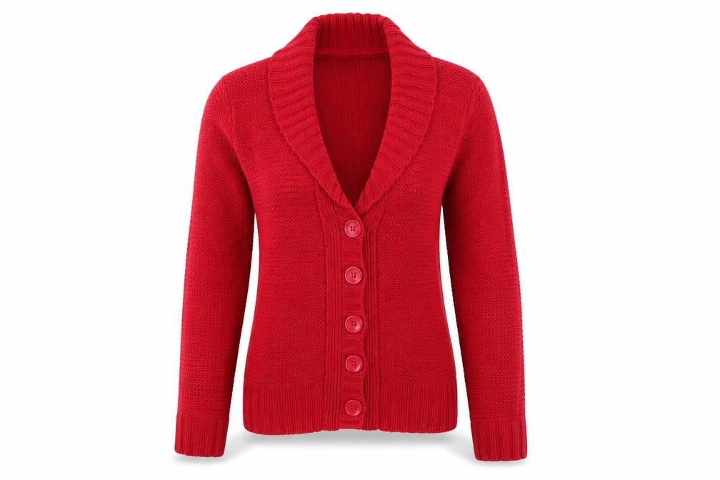 Front view of Bonmarché Women's Red Roll Neck Cardigan, size S