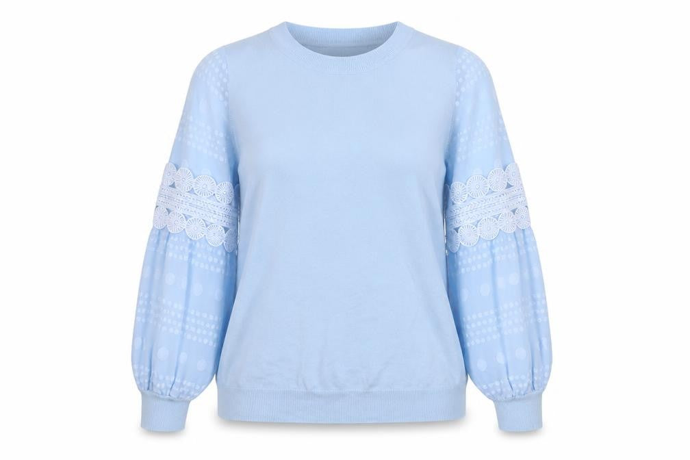 Front view of Young Holy Women's Blue jumper, size 8, Embroidered