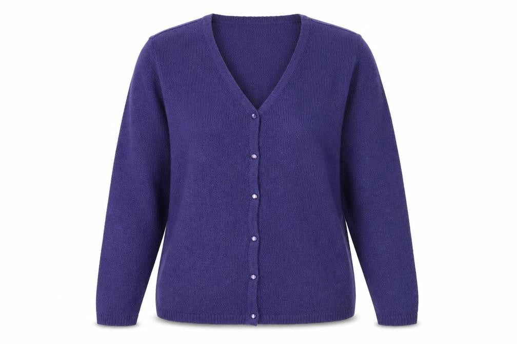 Front view of Bonmarché Women's Purple V-Neck Cardigan, size S