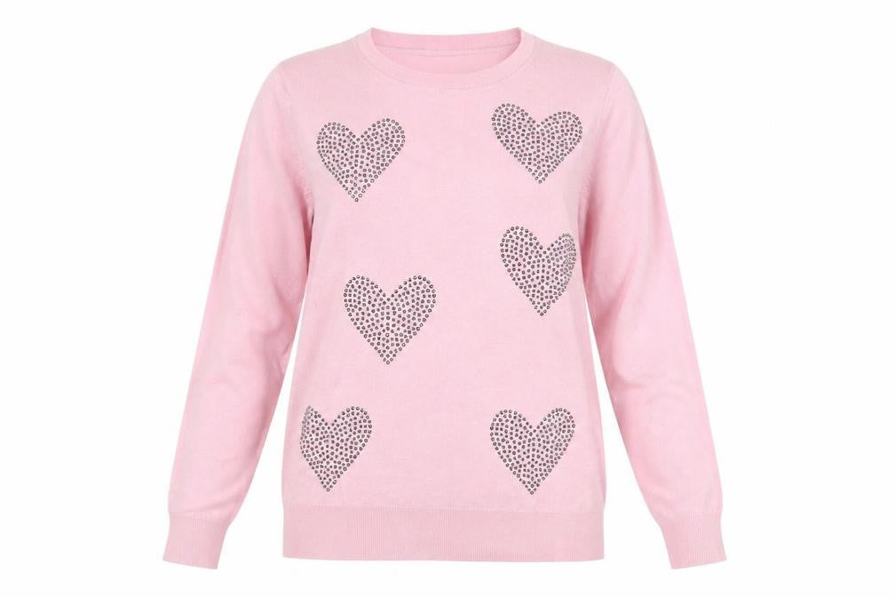 Front view of Bonmarché Women's Pink Heart Studded jumper, size 12