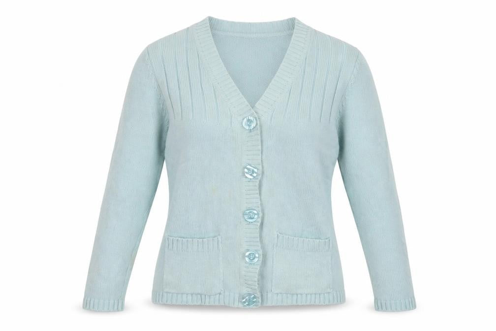 Front view of Bonmarché Women's Blue V-Neck Cardigan, size M
