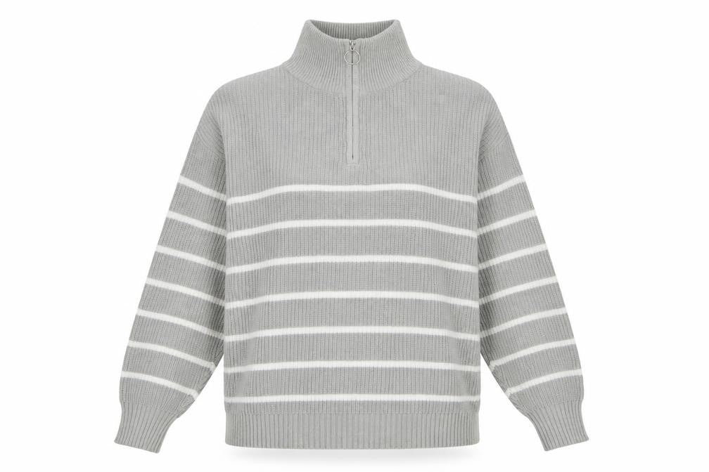 Front view of Sonsandar Women's Grey Striped Mock Neck Jumper