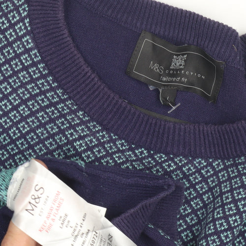 Marks and Spencer Men's Blue Geometric Pullover Jumper L