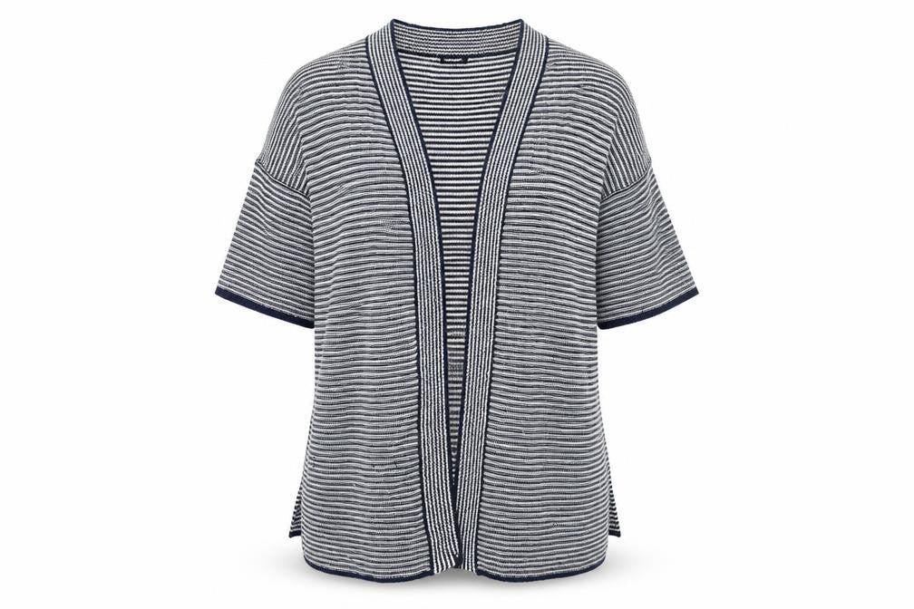 Front view of JDWilliams Women's Blue Striped Open Front Cardigan, size 20