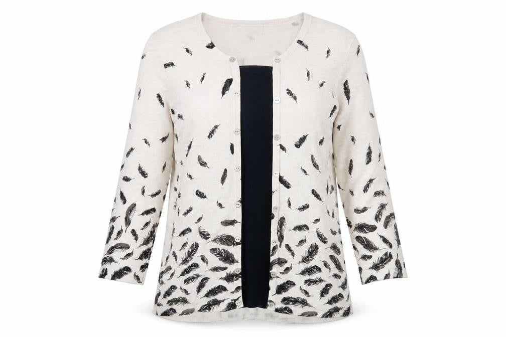Front view of M&Co Women's Ivory Feather Print Cardigan, size 14