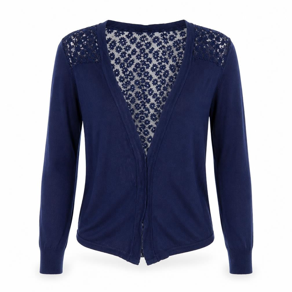 Front view of Mixumi Women's Blue Floral Embroidered Open Front Cardigan