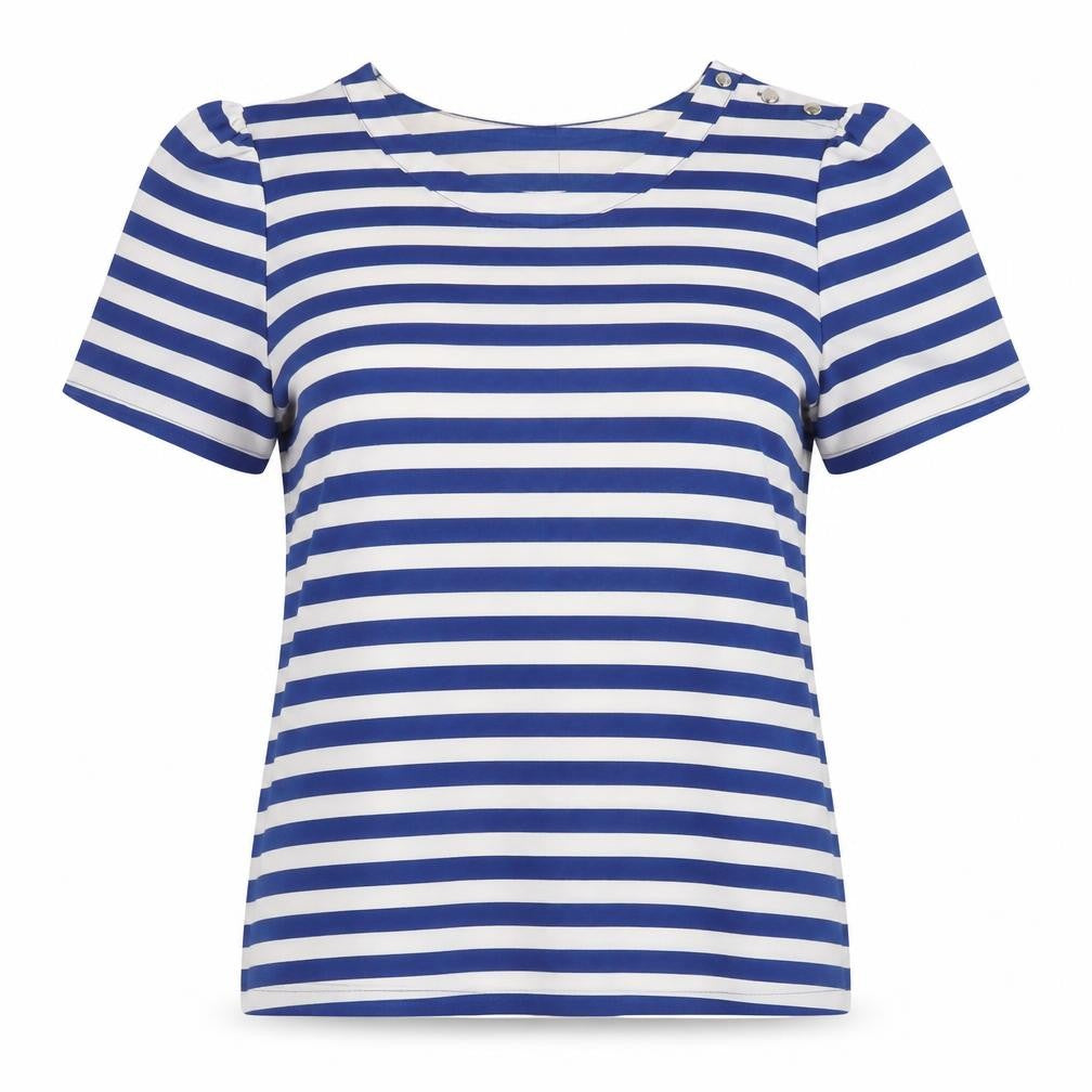 Front view of Oasis women’s blue striped crew neck t-shirt, size UK 12