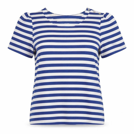 Front view of Oasis women’s blue striped crew neck t-shirt, size UK 12