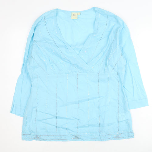 Cotton Traders Women's Blue 3/4 Sleeve V-Neck Top