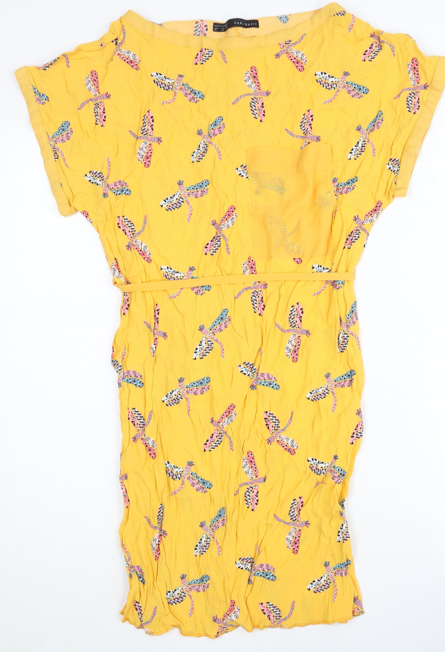 Zara Basic Yellow XS Women's Dragonflies Dress with Belt