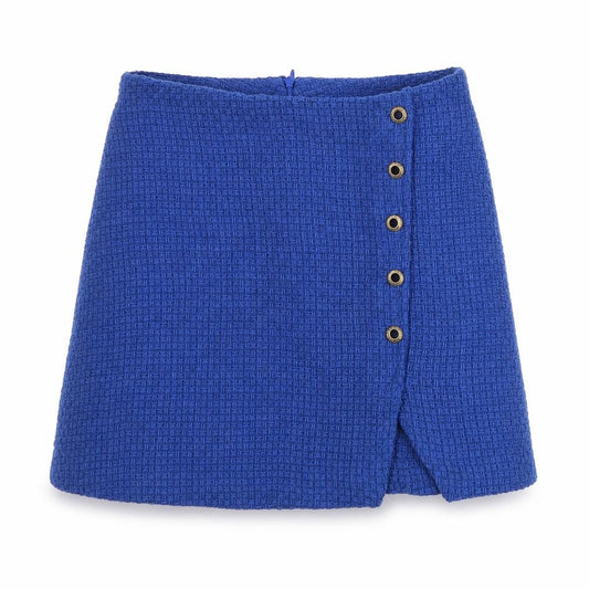 Front view of Zara Women's Blue Short Buttoned Skirt, size 12