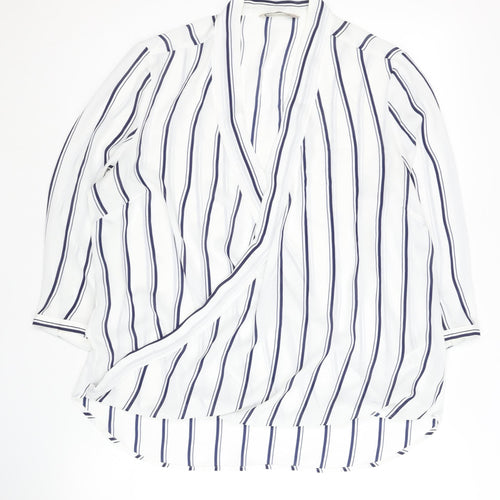 Marks and Spencer Women's White Striped 3/4 Sleeve Wrap Blouse