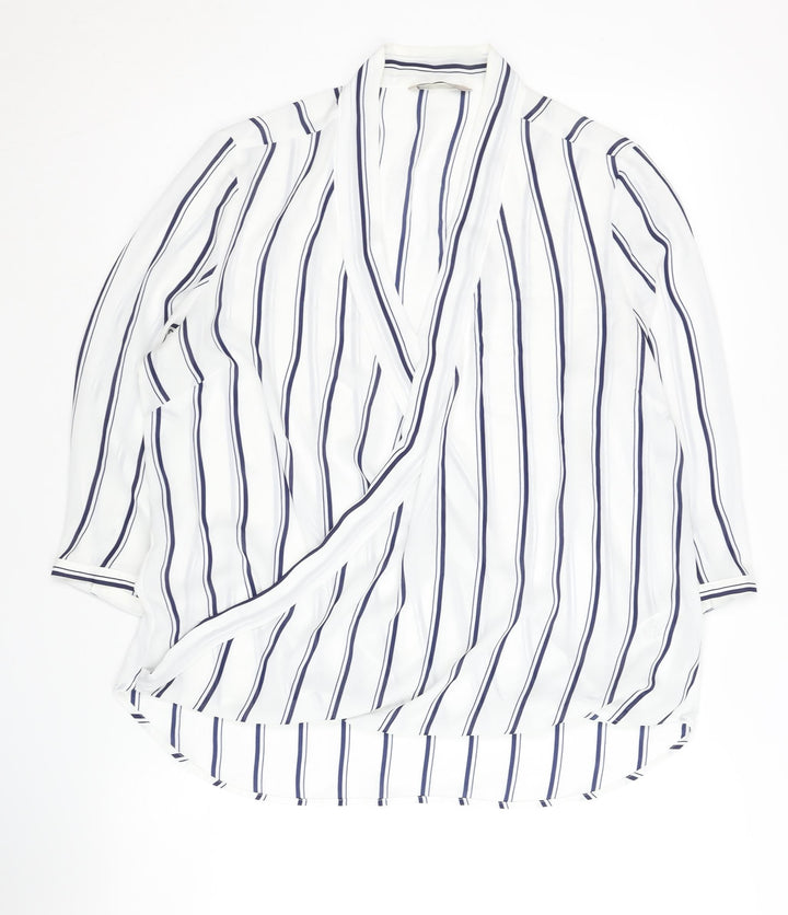 Marks and Spencer Women's White Striped 3/4 Sleeve Wrap Blouse