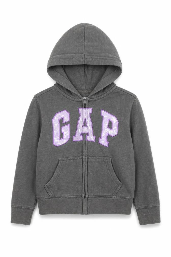 Front view of Gap girls’ grey full zip hoodie with sequin logo, size S