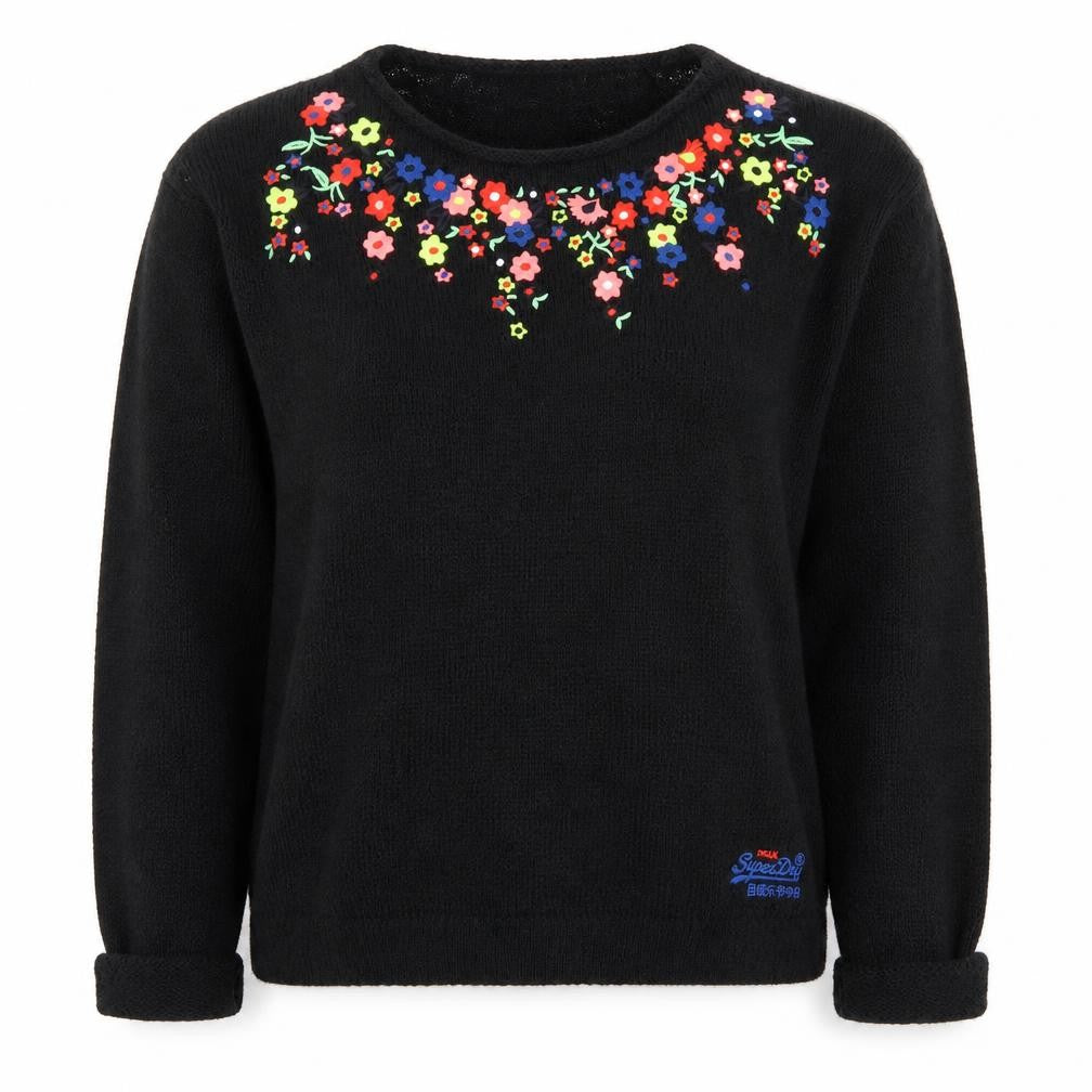 Front view of Superdry Women’s Black Floral jumper 2XS