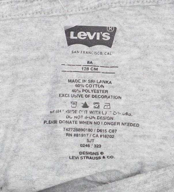 Levi's Boys Grey T-Shirt, 8 Years, Crew Neck, Logo Accent