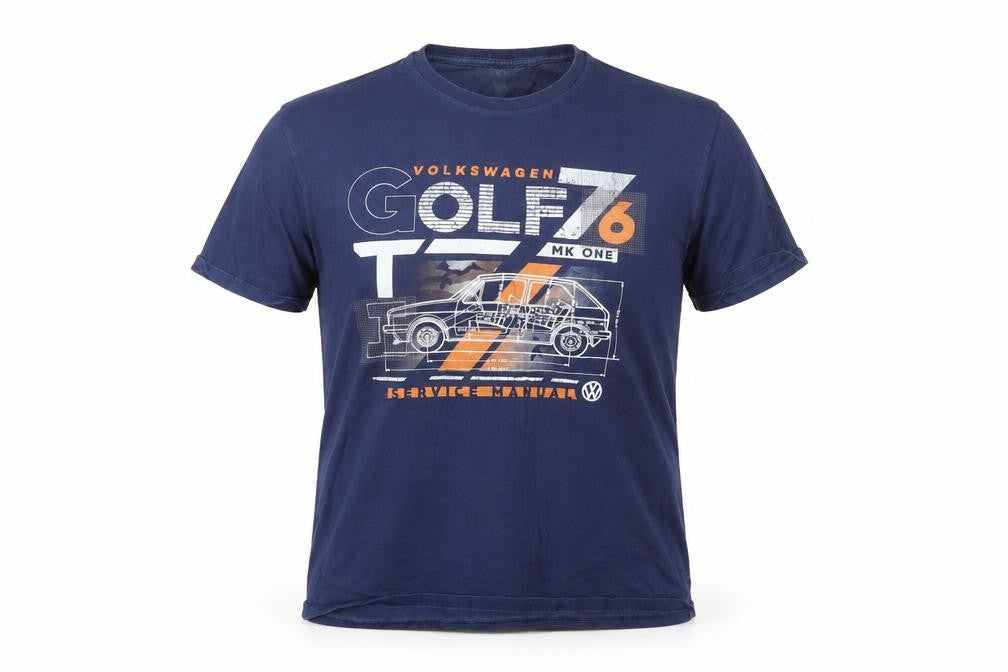 Front view of Volkswagen Men's Blue Graphic T-Shirt, size M