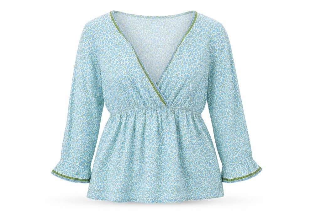 Front view of J.Crew Women's Blue Floral Wrap Blouse, size 12