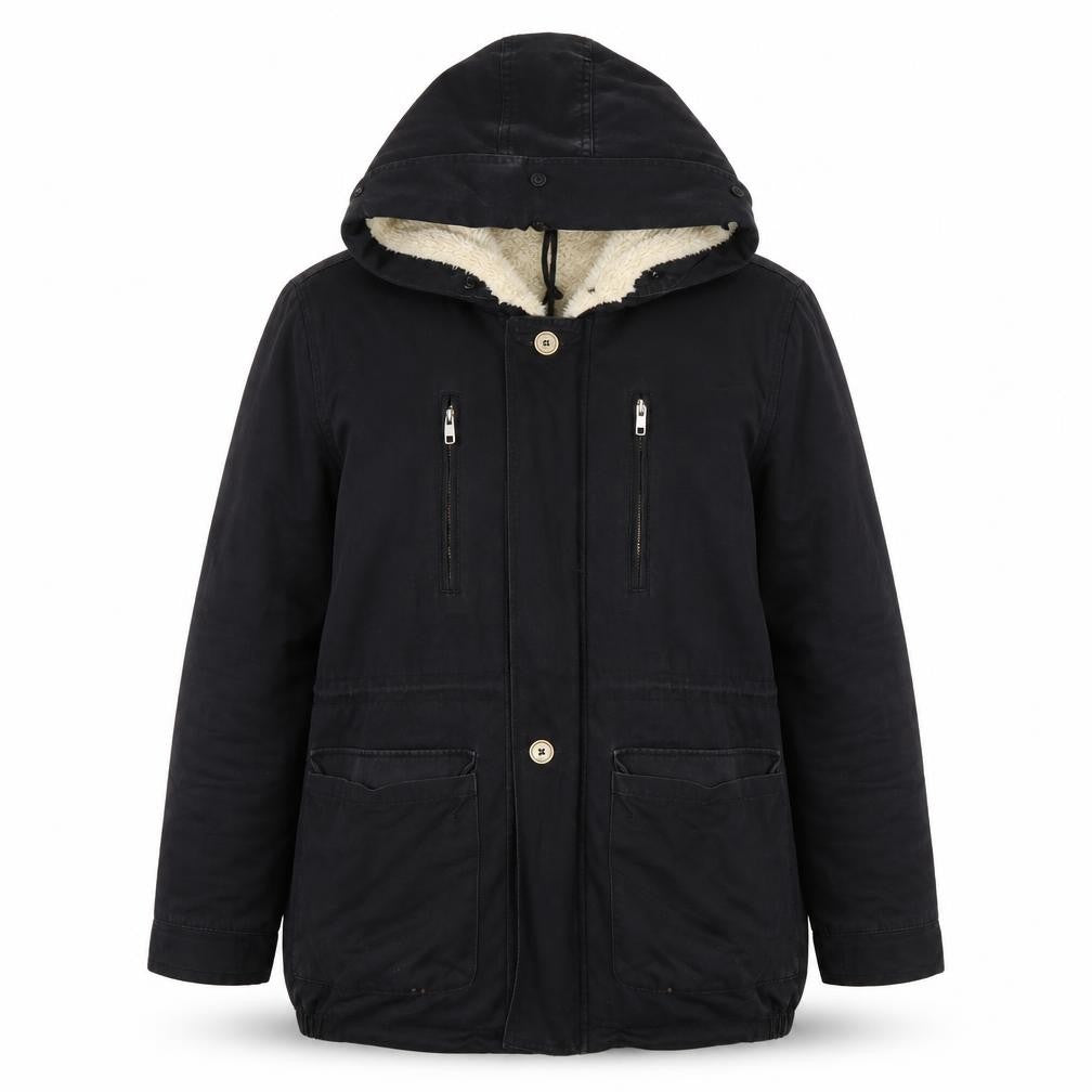 Front view of Vera Lucy Women's Black Parka Hooded Jacket L Casual