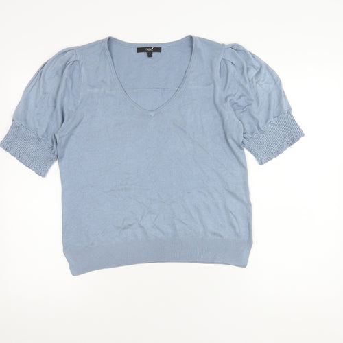 Next Women's Blue V-Neck T-Shirt, Size M, Puff Sleeves