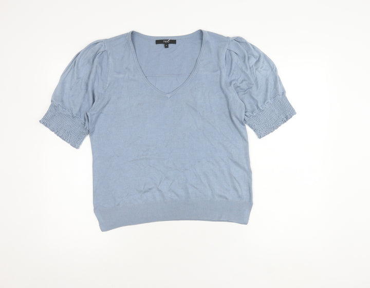 Next Women's Blue V-Neck T-Shirt, Size M, Puff Sleeves
