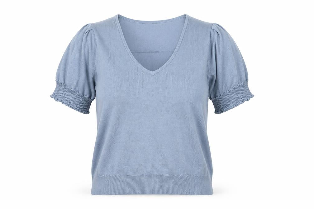 Front view of Next Women's Blue V-Neck T-Shirt, size M, Puff Sleeves