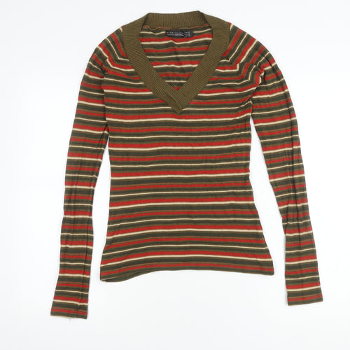 Zara Women's Multicoloured Striped V-Neck T-Shirt, Size 12