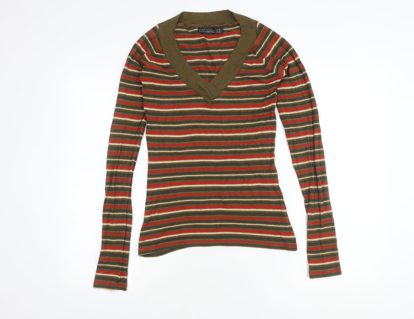 Zara Women's Multicoloured Striped V-Neck T-Shirt, Size 12